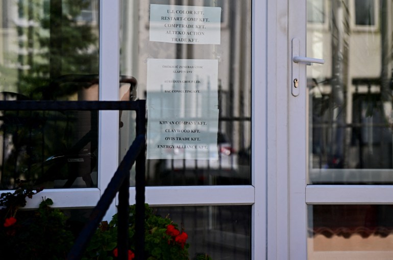 The name of BAC Consulting KFT is listed on paper pasted on the window of an office building where the company is said to be registered, in Budapest, Hungary, September 18, 2024. 