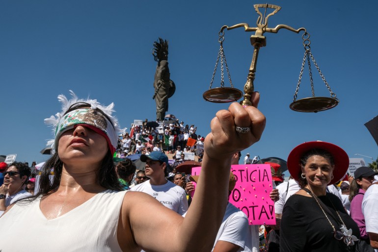 Judicial Branch workers, judges, and magistrates on an indefinite strike demonstrate in Tijuana, Baja California State, Mexico