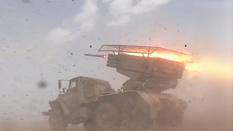 A Russian BM-21 Grad self-propelled 122 mm multiple rocket launcher fires on an undisclosed location in Ukraine.