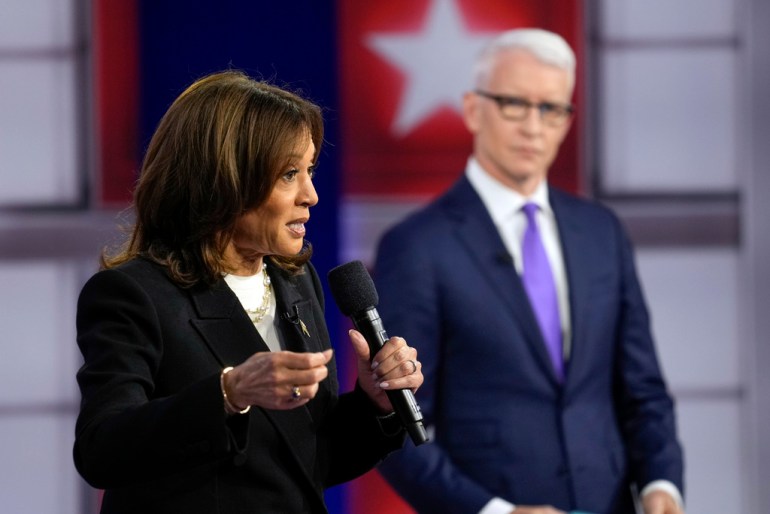 Harris speaks at a town hall