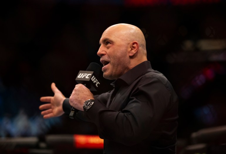 May 7, 2022; Phoenix, Arizona, USA; UFC host Joe Rogan during UFC 274 at Footprint Center. Mandatory Credit: Mark J. Rebilas-USA TODAY Sports