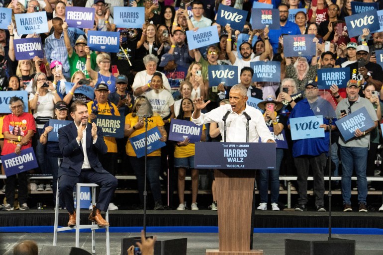 Former U.S. President Barack Obama speaks at a rally