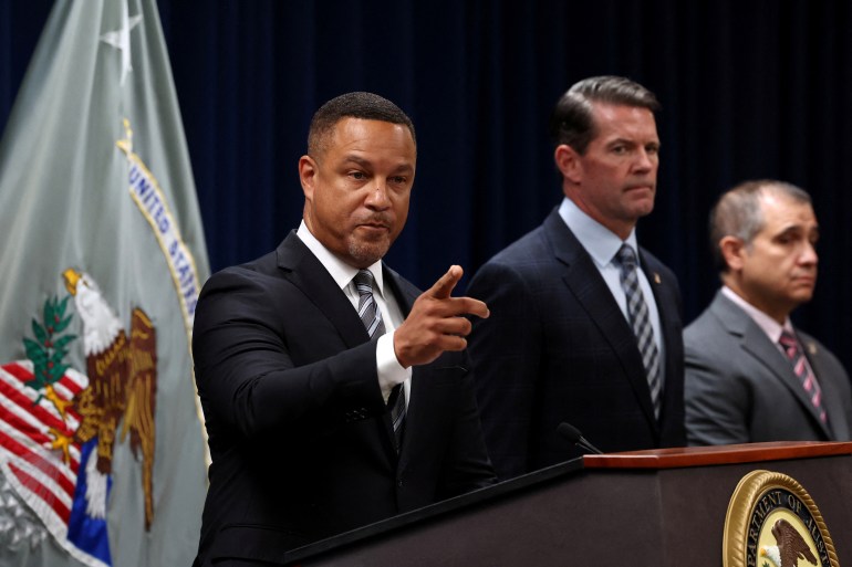 U.S. Attorney for the Eastern District of New York, Breon Peace, speaks during a news conference regarding the indictment of the former CEO of Abercrombie & Fitch, Mike Jeffries on sex trafficking and prostitution charges, in Brooklyn, New York, U.S., October 22, 2024. REUTERS/Brendan McDermid