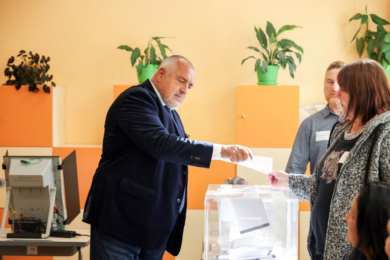 Boyko Borisov, former Bulgarian prime minister and leader of the centre-right GERB party, votes at a polling station during the snap parliamentary election