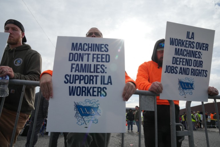 Dockworkers at the Maher Terminals in Port Newark are on strike on October 1, 2024 in New Jersey. - Officials at 14 ports along the US East and Gulf Coasts were making last-minute preparations on September 30 for a likely labor strike that could drag on the US economy just ahead of a presidential election -- despite last-minute talks. (Photo by Bryan R. SMITH / AFP)