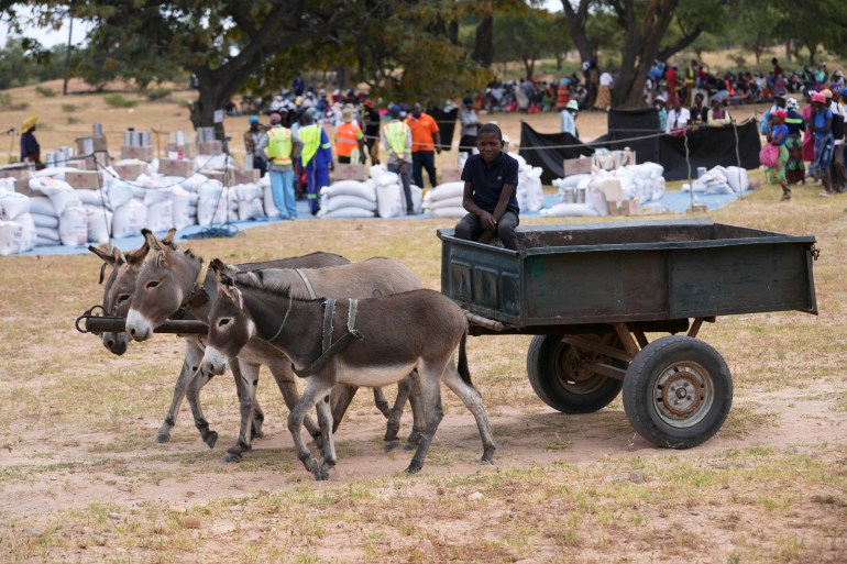 People receive food aid in Zimbabwe