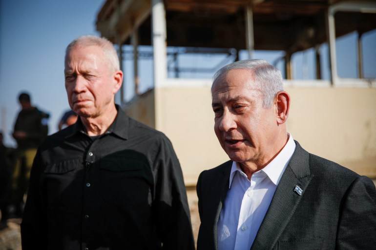 Israeli Prime Minister Benjamin Netanyahu, right, and Israel's Defense Minister Yoav Gallant