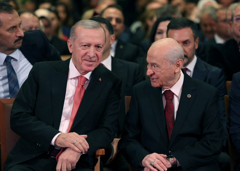 Turkish President Tayyip Erdogan and Devlet Bahceli, leader of the Nationalist Movement Party (MHP), attend a Republic Day event to mark the republic's 101st anniversary, in Ankara, Turkey, October 29, 2024. Murat Kula/Presidential Press Office/Handout via REUTERS ATTENTION EDITORS - THIS PICTURE WAS PROVIDED BY A THIRD PARTY. NO RESALES. NO ARCHIVES.