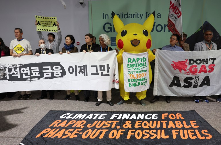 Environmental activists protest during the United Nations climate change conference COP29, in Baku