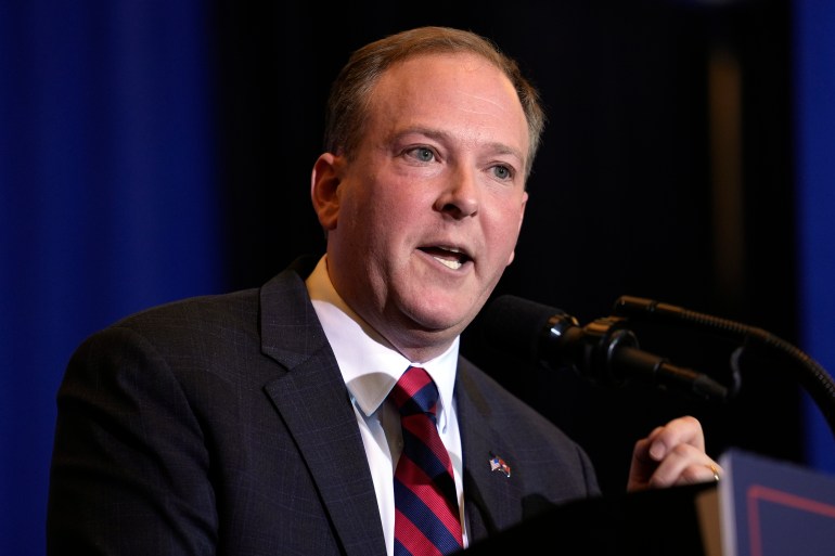 Lee Zeldin speaks at a microphone