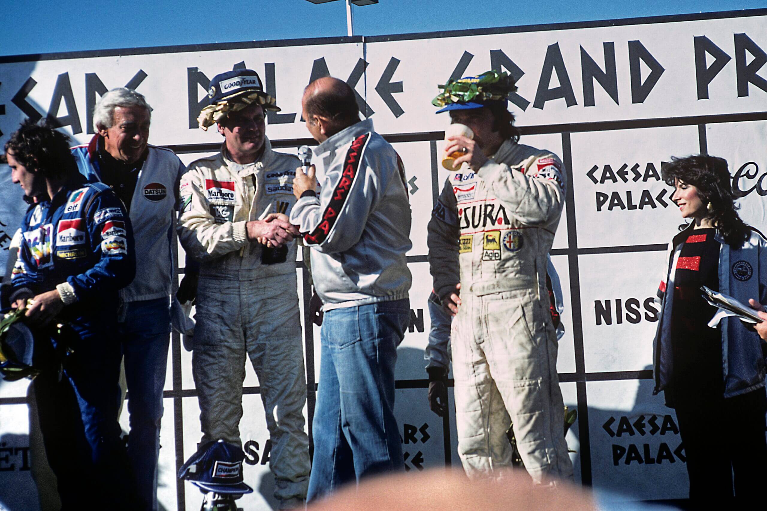 Alan Jones, Alain Prost, Bruno Giacomelli, Grand Prix of Caesars Palace, Caesars Palace, Las Vegas, 17 October 1981. (Photo by Bernard Cahier/Getty Images)