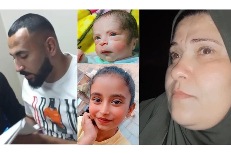 A collage of a woman, her grandchildren and her son who were all killed by the Israeli army