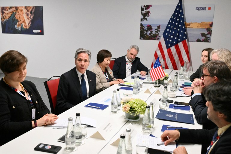 U.S. Secretary of State Antony Blinken attends a meeting with Civil Society representatives on the sidelines of the 31st Organization for Security and Cooperation in Europe (OSCE) Ministerial summit in Ta'Qali, Malta, on December 5, 2024.