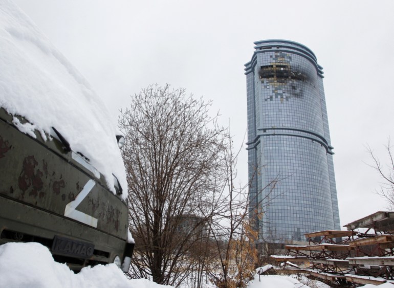 A view shows a damaged multi-storey residential building following an alleged Ukrainian drone attack in the course of Russia-Ukraine conflict, in Kazan