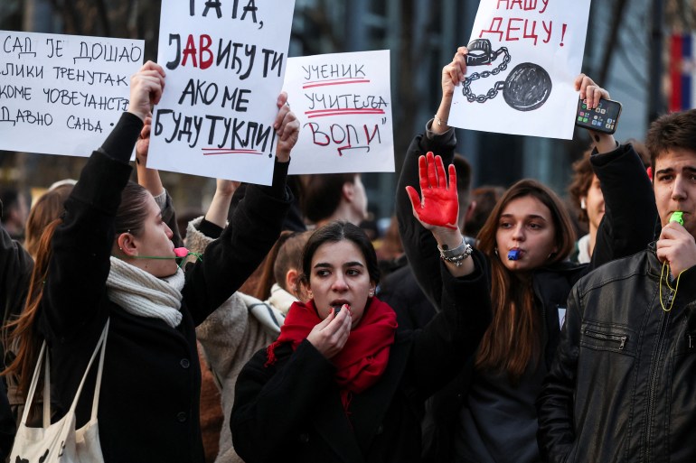 People gather during a protest against government policies, corruption and the negligence which they blame for the deaths of the victims in the Novi Sad railway station disaster