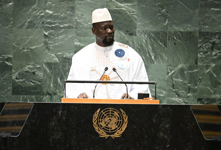 Guinea's President Mamady Doumbouya addresses the 78th United Nations General Assembly at UN headquarters in New York City on September 21, 2023. (Photo by TIMOTHY A. CLARY / AFP)