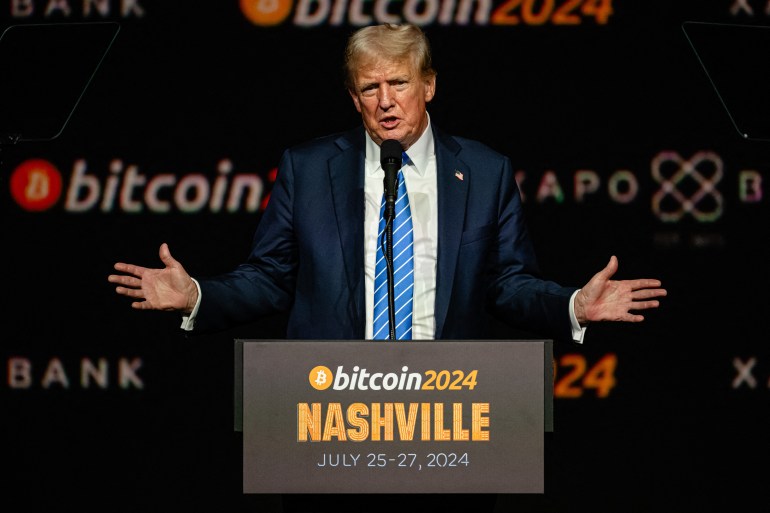 NASHVILLE, TENNESSEE - JULY 27: Former President and 2024 Republican presidential candidate Donald Trump gestures while giving a keynote speech on the third day of the Bitcoin 2024 conference at Music City Center July 27, 2024 in Nashville, Tennessee. The conference, which is aimed at bitcoin enthusiasts, features multiple vendor and entertainment spaces and seminars by celebrities and politicians. Jon Cherry/Getty Images/AFP (Photo by Jon Cherry / GETTY IMAGES NORTH AMERICA / Getty Images via AFP)