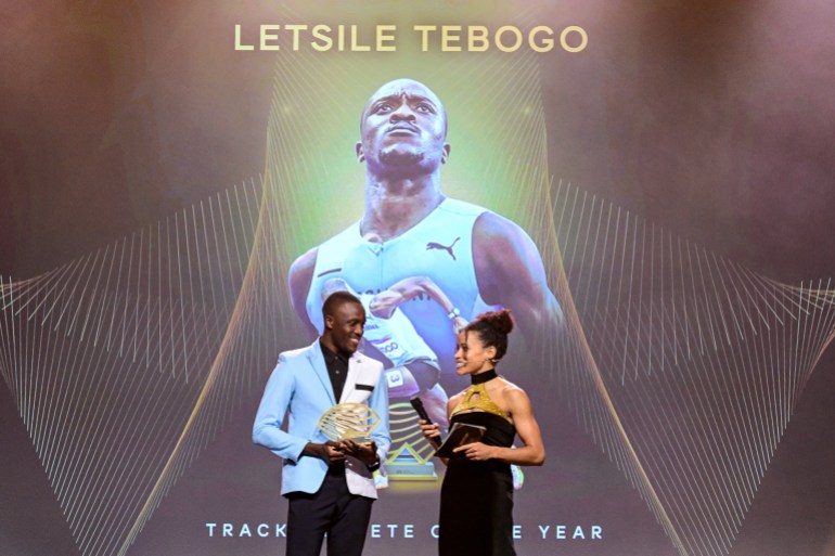 Botswanan sprinter Letsile Tebogo receives the Mens Track Athlete of the Year Award during the World Athletics Awards 2024 in Monaco on December 1, 2024. (Photo by FREDERIC DIDES / AFP)