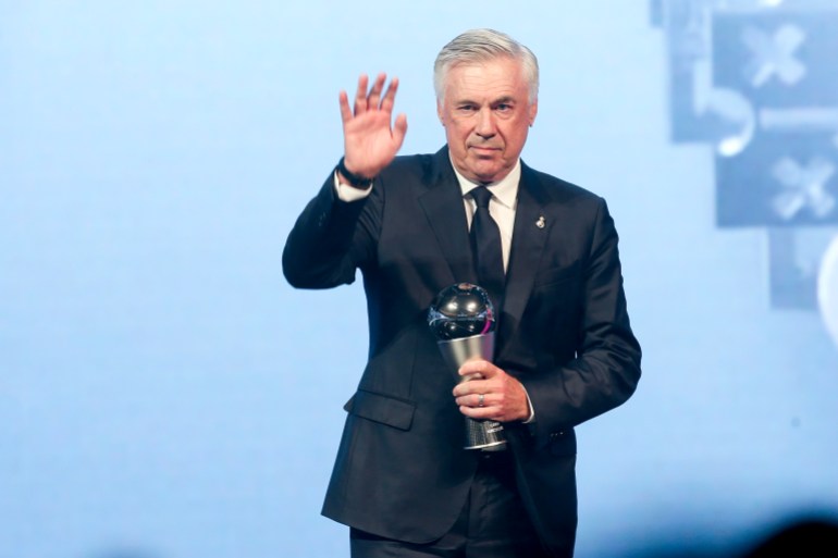 Carlo Ancelotti, Head Coach of Real Madrid, receives the Best FIFA Men's Coach Award during the FIFA Football Awards 2024 in Doha, Qatar, Tuesday, Dec. 17, 2024. (AP Photo/Hussein Sayed)