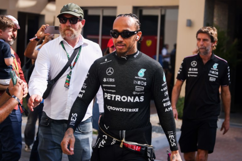 Lewis Hamilton of Mercedes is during Practice 1 ahead of Formula 1 Abu Dhabi Grand Prix at Yas Marina Circuit on December 6th, 2024 in Abu Dhabi, United Arab Emirates. (Photo by Beata Zawrzel/NurPhoto via Getty Images)