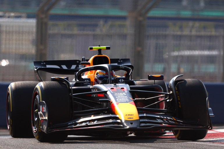 Sergio Perez on racetrack.