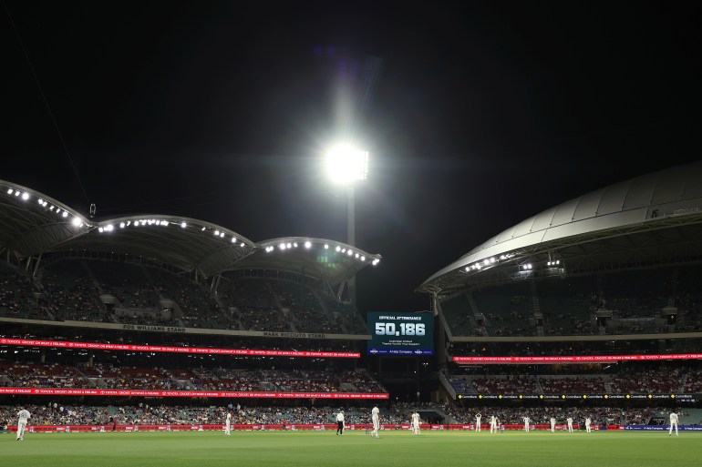 ADELAIDE, AUSTRALIA - DECEMBER 06: General view inside the stadium as the LED board shows the match attendance of 50,186 during day one of the Men's Test Match series between Australia and India at Adelaide Oval on December 06, 2024 in Adelaide, Australia. (Photo by Paul Kane/Getty Images)