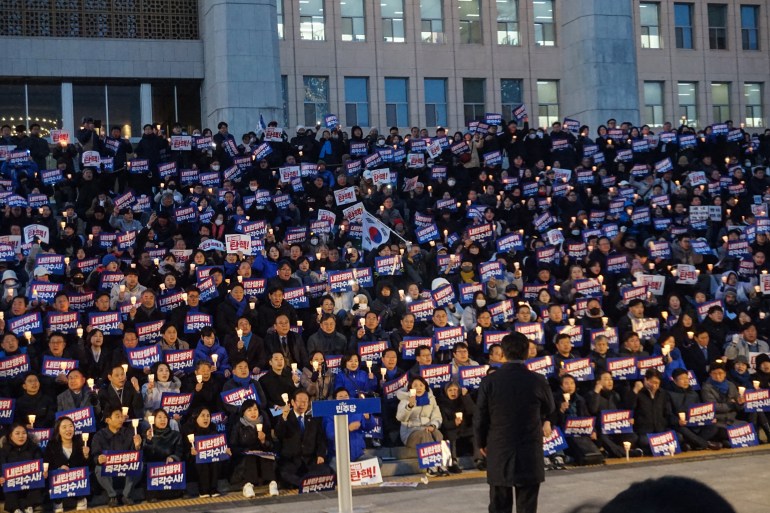 National Assembly member Jung Chung-rae addressing a Democratic Party-led demonstration in front of the National Assembly building in Yeouido